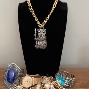 Trendy and Vintage Inspired Large Gemstone Panda Pendant Necklace